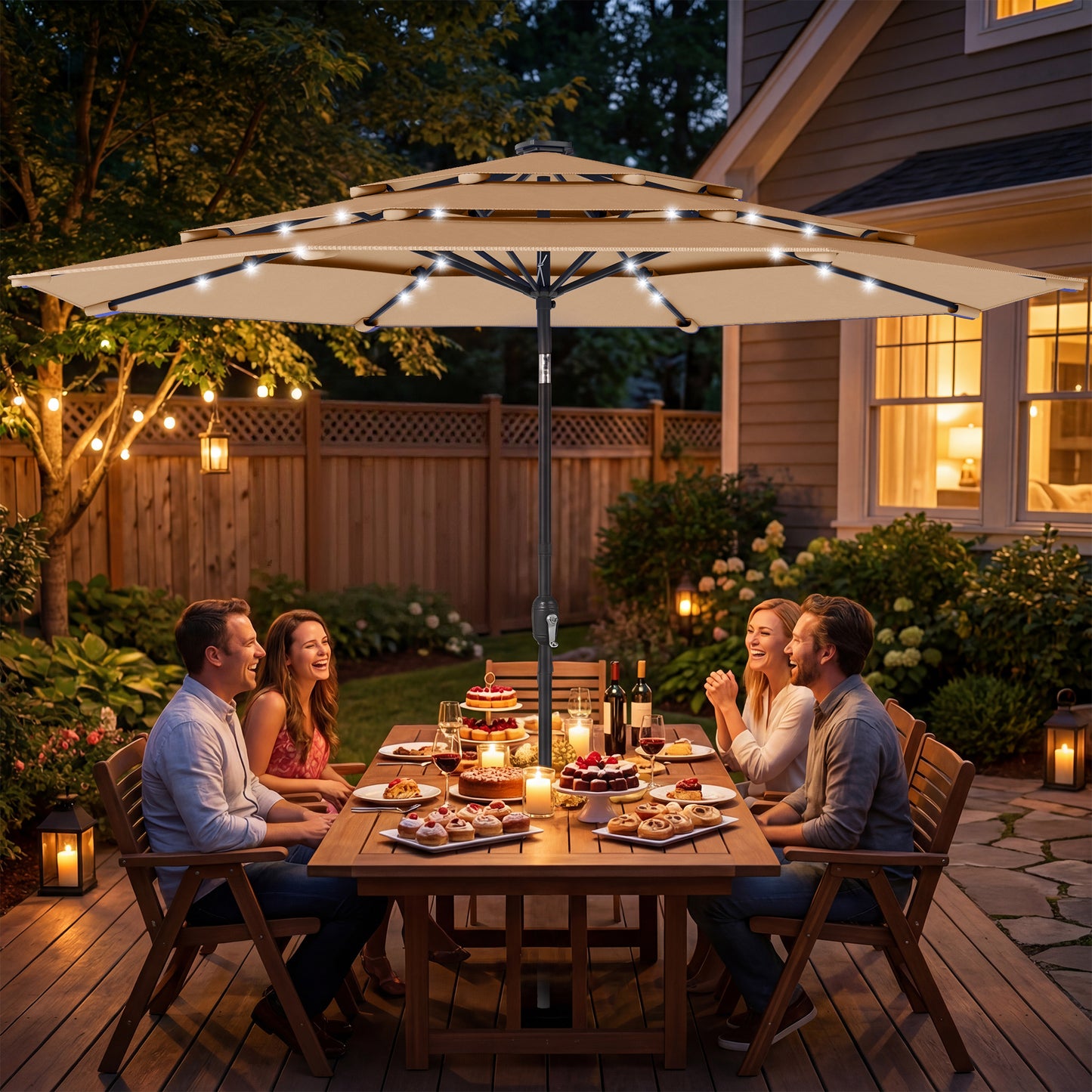 Outsunny 2.8 m Garden Parasol Umbrella with LED Solar Light, Parasol Cover, 3 Tier Outdoor Table Market Patio Umbrella, Khaki