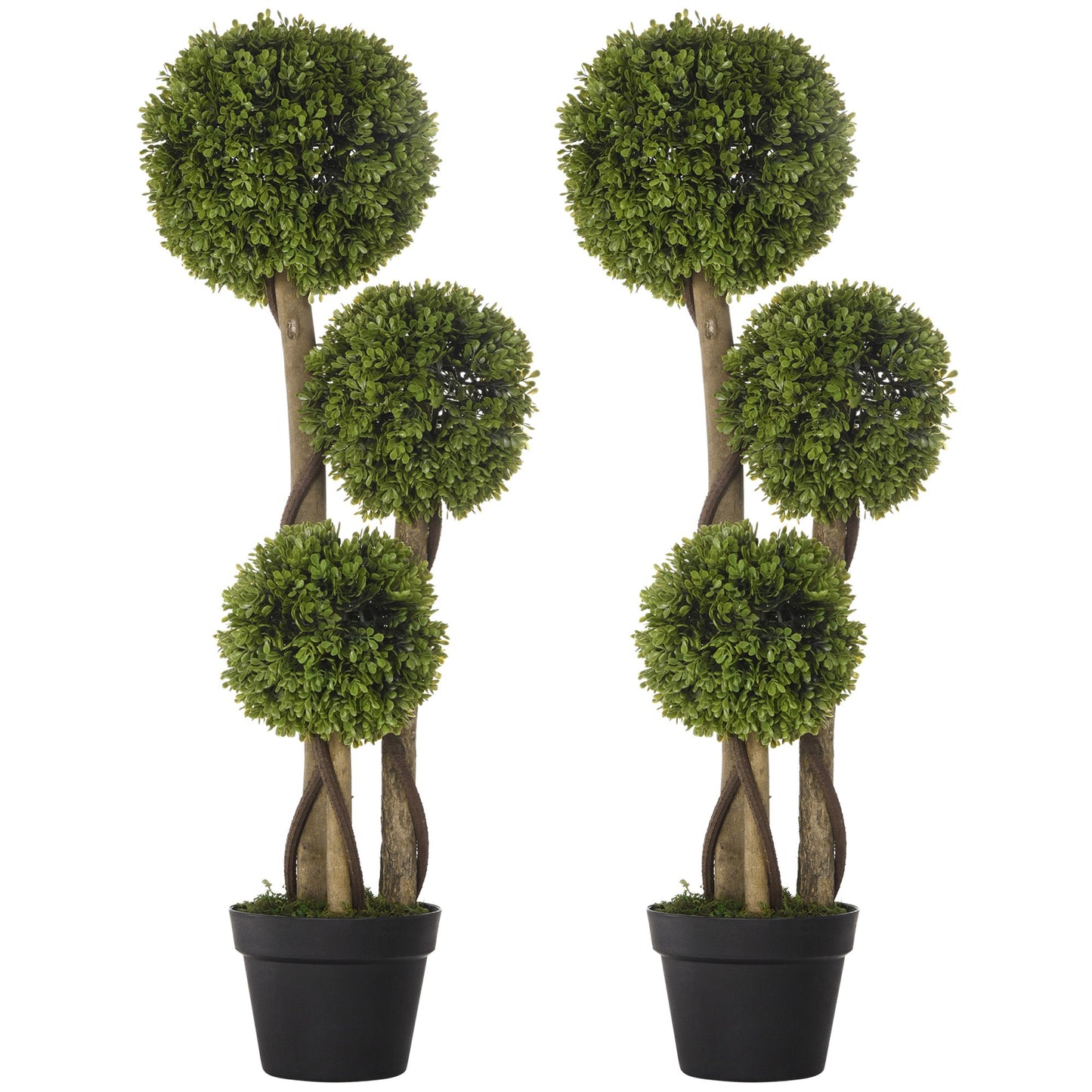 HOMCOM Set of 2 Decorative Artificial Plants, Boxwood Ball Topiary Trees in Pot Fake Plants for Home, Indoor&Outdoor Decor, 90 cm, Light Green