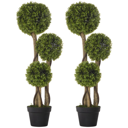 HOMCOM Set of 2 Decorative Artificial Plants, Boxwood Ball Topiary Trees in Pot Fake Plants for Home, Indoor&Outdoor Decor, 90 cm, Light Green