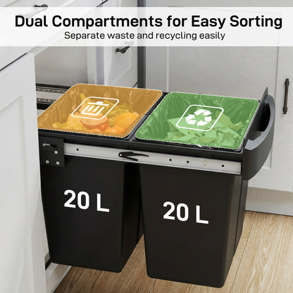HOMCOM Pull Out Bin, Kitchen Under Sink Bin with 2 Removable Compartments, Smooth Glide, Black