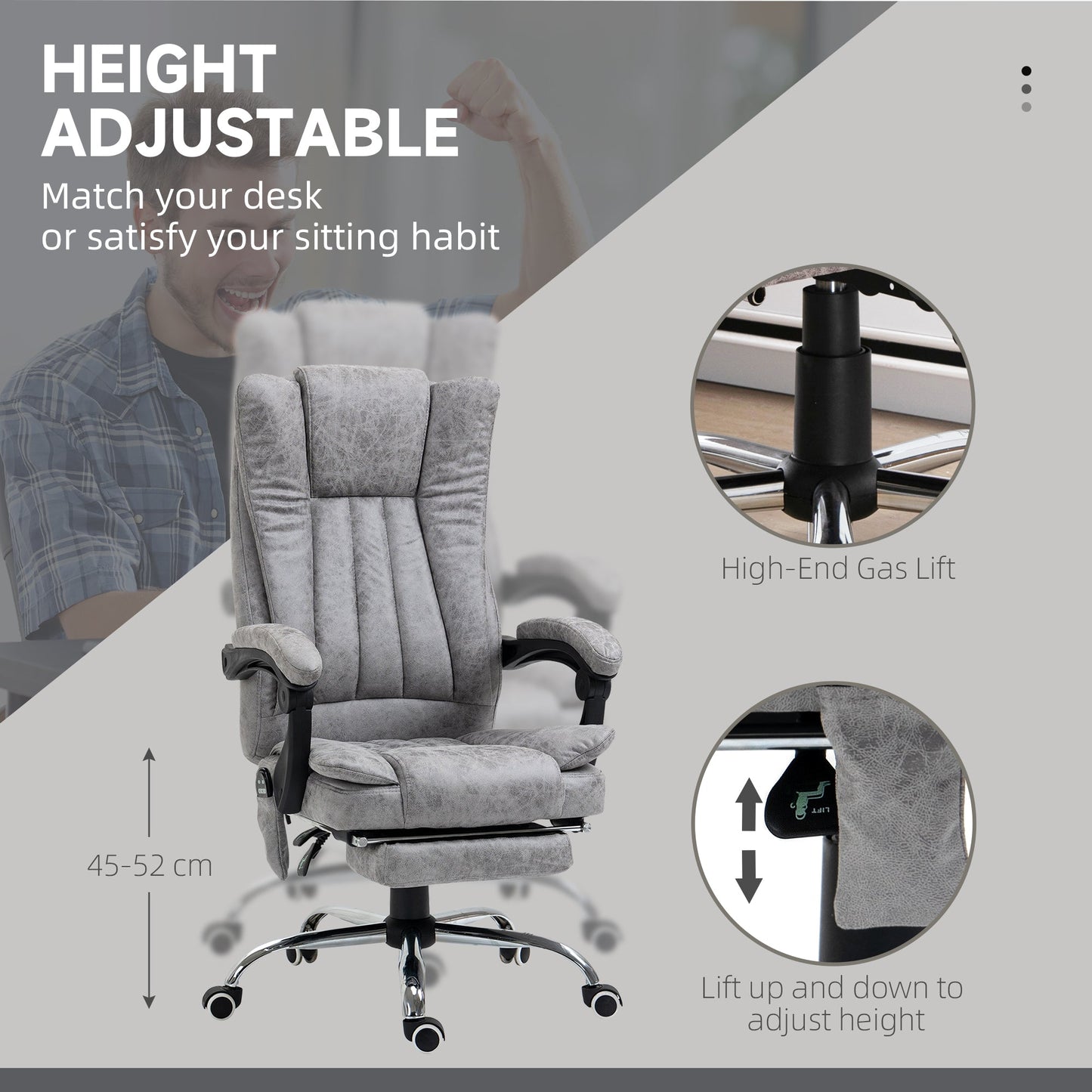 Vinsetto Office Chair with Massage and Heat, Microfibre Reclining Computer Desk Chair with Footrest and Adjustable Height, Swivel Wheels for Home Office, Grey