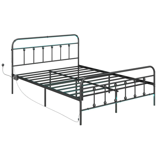 HOMCOM Double Bed Frame with LED Lights and Charging Station, Metal Platform Bed Frame with Under Bed Storage, Black