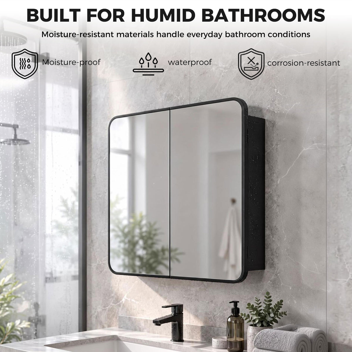 HOMCOM Bathroom Medicine Mirror Cabinet, Bathroom Wall Cabinet with Storage, Magnetic Doors and Adjustable Shelf, Black