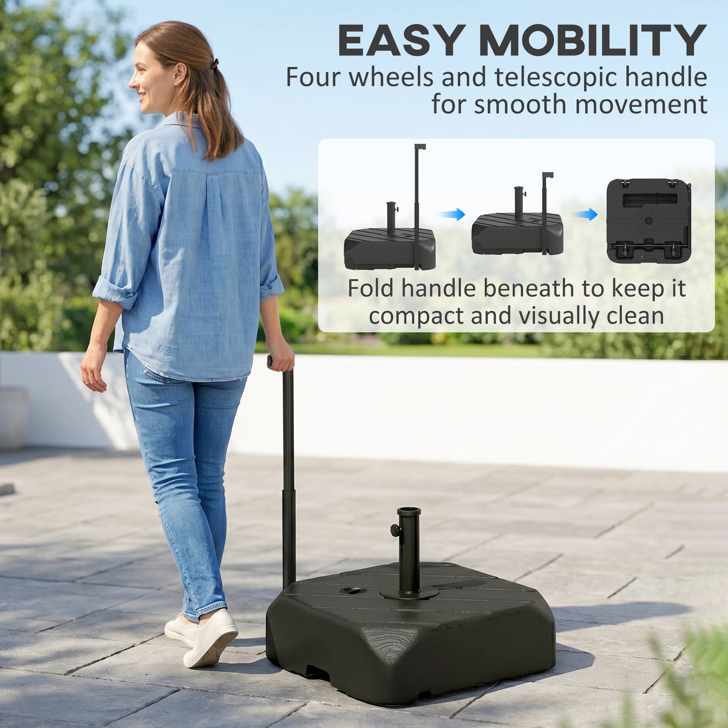 Outsunny Garden Parasol Base with Wheels, Telescopic Handle, 72 kg /45 kg Fillable Sun Umbrella Base Parasol Stand, Black