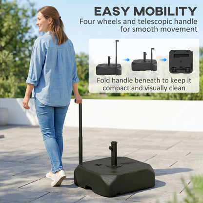 Outsunny Garden Parasol Base with Wheels, Telescopic Handle, 72 kg /45 kg Fillable Sun Umbrella Base Parasol Stand, Black
