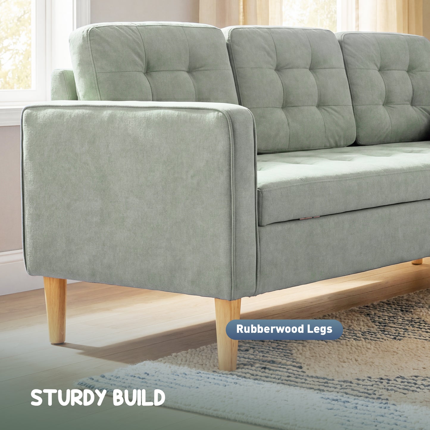 HOMCOM 3 Seater Sofa, 169cm Couch with Hidden Storage, Wood Legs, Light Grey