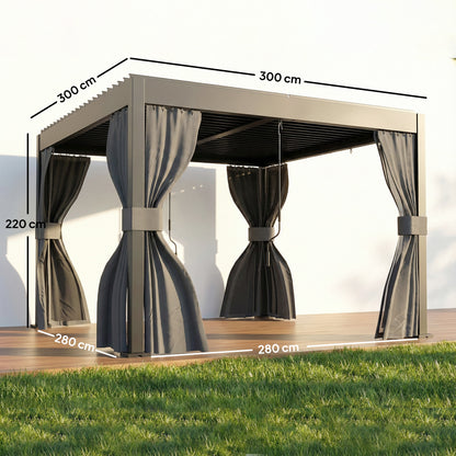 Outsunny 3 x 3 m Louvered Pergola with Adjustable Metal Louvred Roof, Aluminium Patio Gazebo with Netting and Curtains, Dark Grey