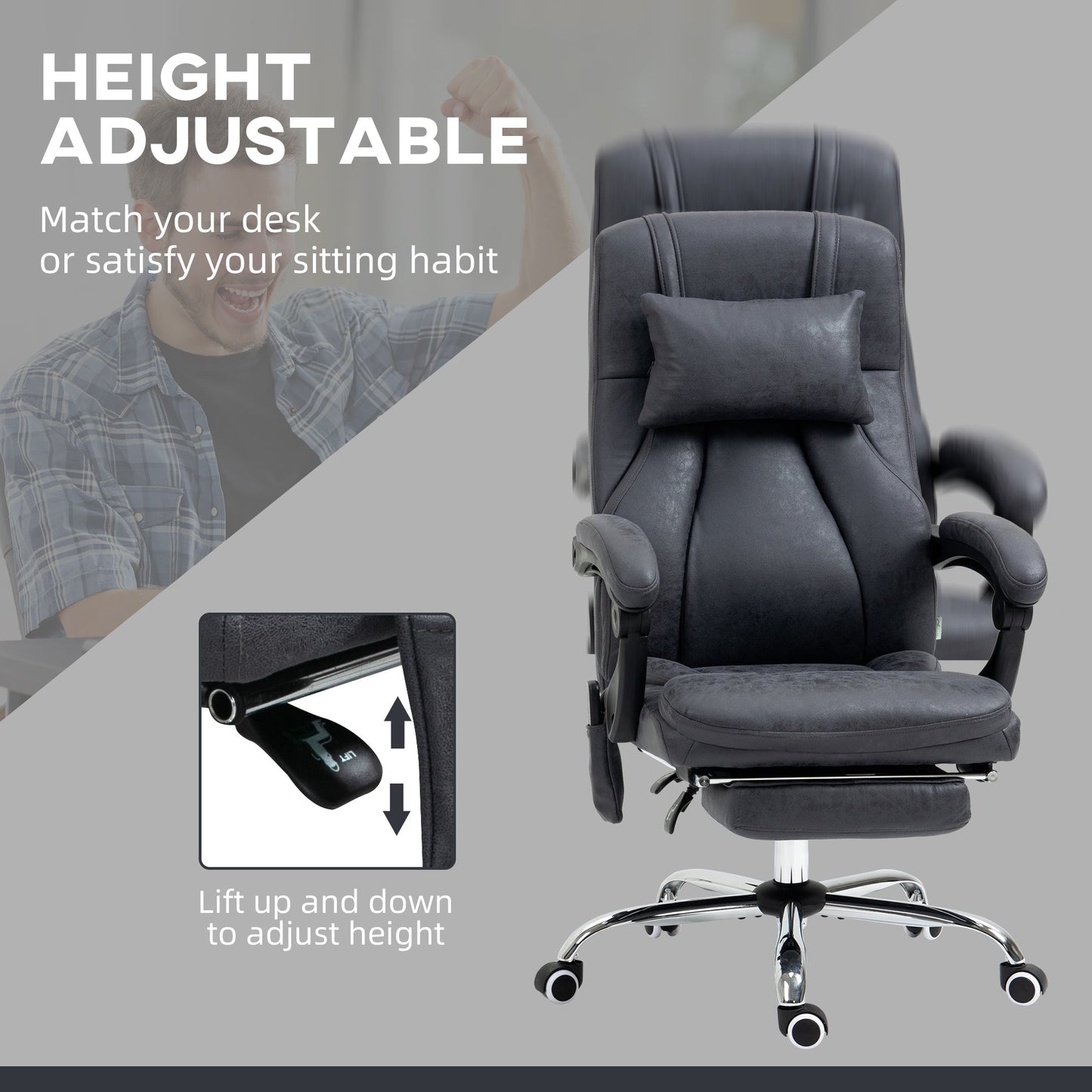 Vinsetto Office Chair with Lumbar Massage, 135¡ Reclining Computer Chair with Adjustable Headrest, Retractable Footrest, 10cm Double Padded Seat, Microfiber Fabric, Metal Base, Dark Grey