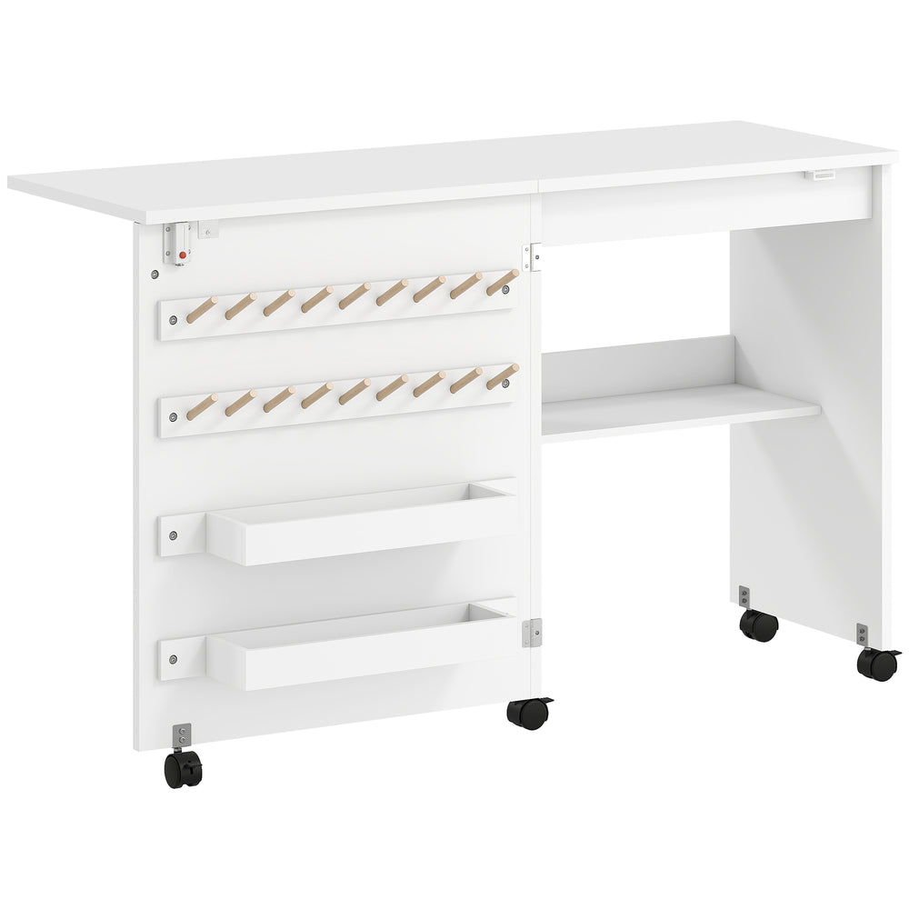 HOMCOM Folding Sewing Table, Rolling Craft Table with Storage compartments, Shelf and Lockable Casters for Small Spaces, White