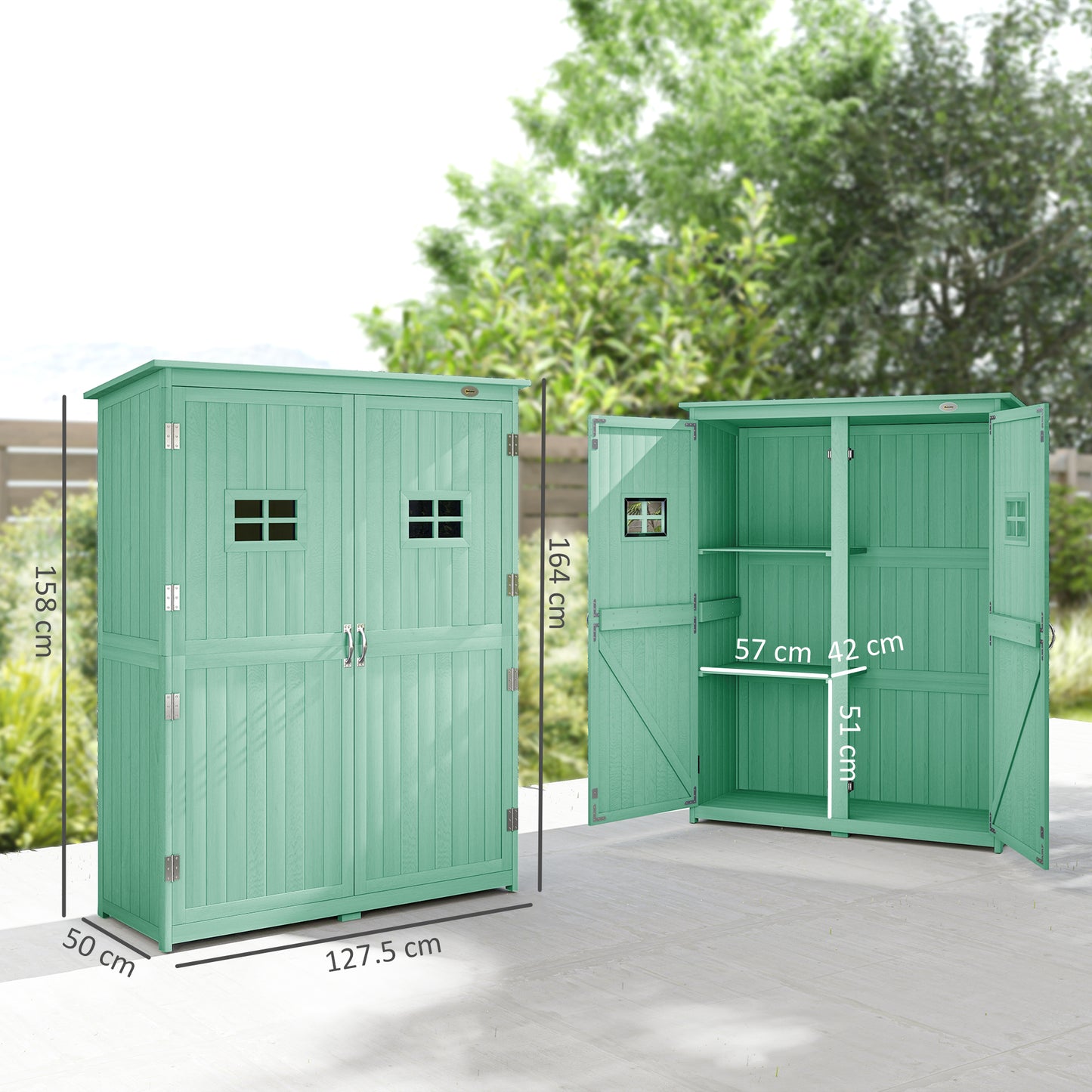 Outsunny Wooden Garden Shed with Two Windows, Tool Storage Cabinet, Outdoor Double Door organiser 127.5L x 50W x 164H cm, Green