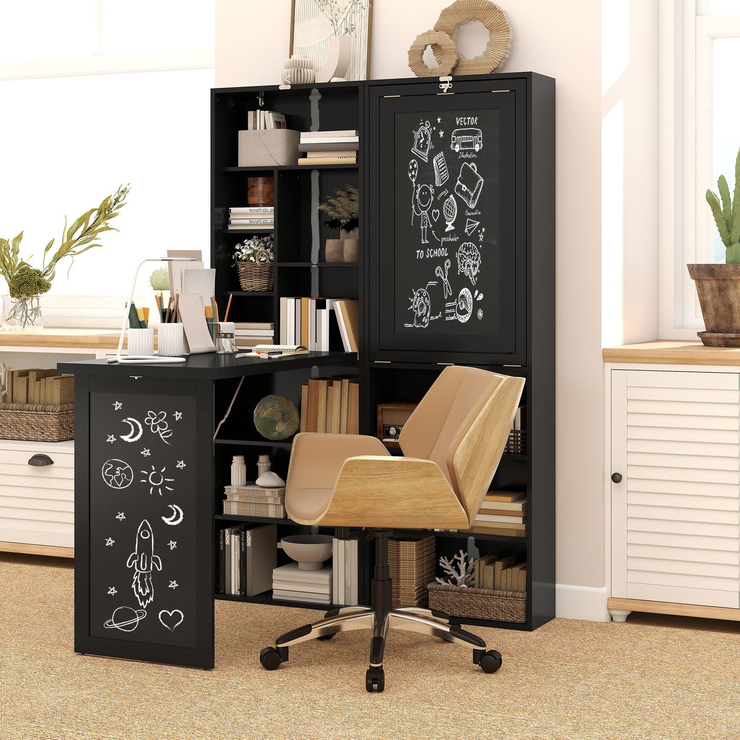 HOMCOM Three-Part Work Desk, with Storage and Chalkboard - Black