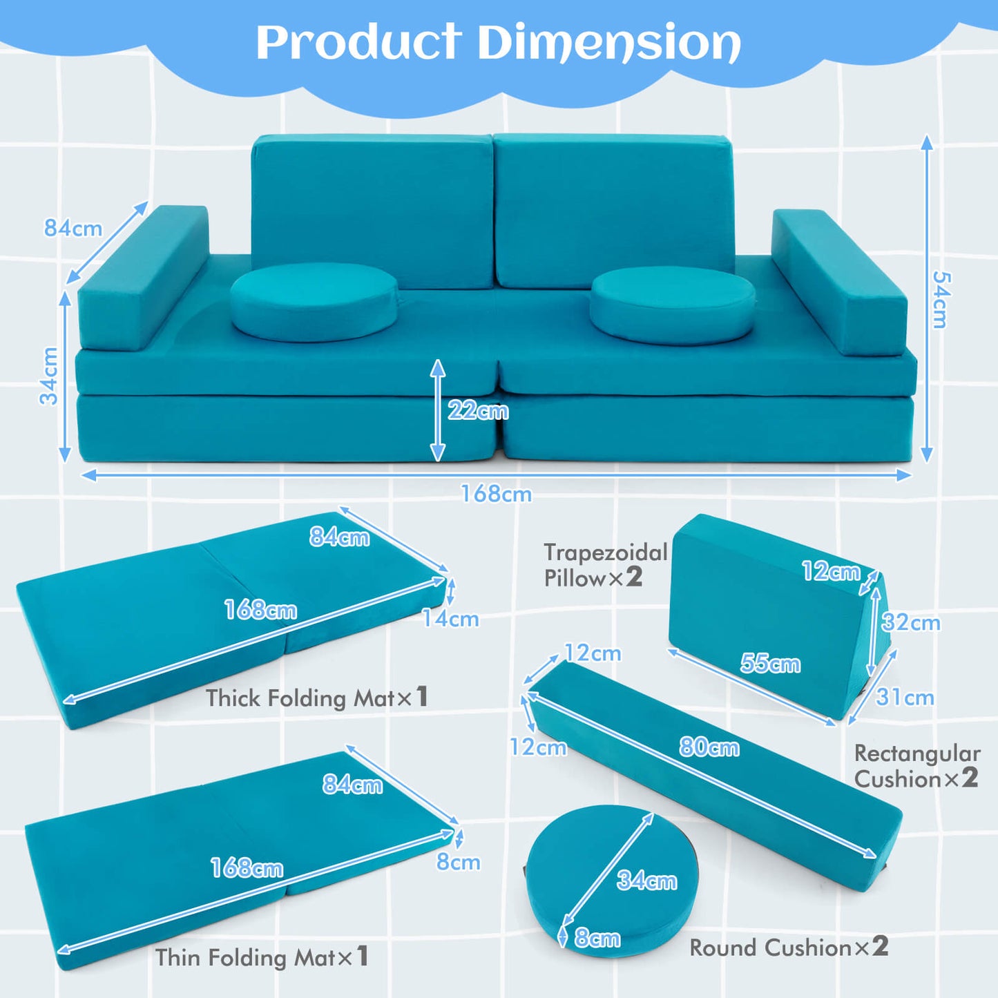8-Piece Kids Play Couch Sofa with Portable Handle-Green
