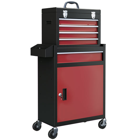 HOMCOM Two-Part Tool Storage Chest on Wheels - Black/Red