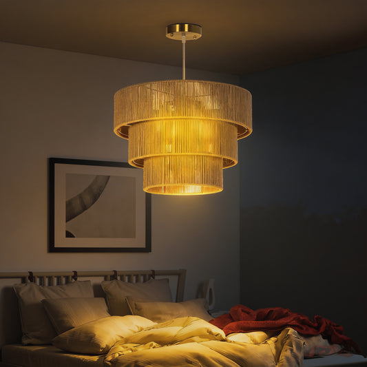 HOMCOM Hemp Rope Ceiling Light, 3-Layer Boho Pendant Light, 4 x E14 Vintage Ceiling Lamp Fixtures for Living Room, Bedroom, Kitchen, Hallway, Light Brown