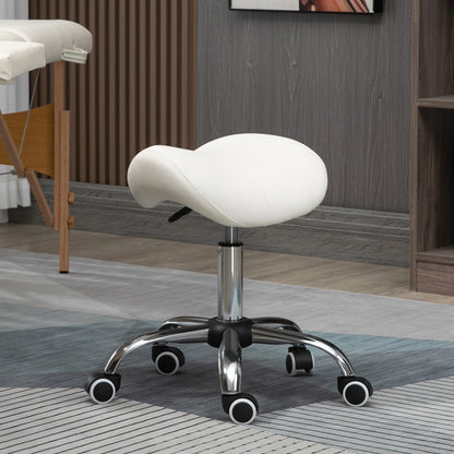 HOMCOM Cosmetic Stool 360 Rotate Height Adjustable Salon Massage Spa Chair Hydraulic Rolling Faux Leather Saddle Stool, Cream