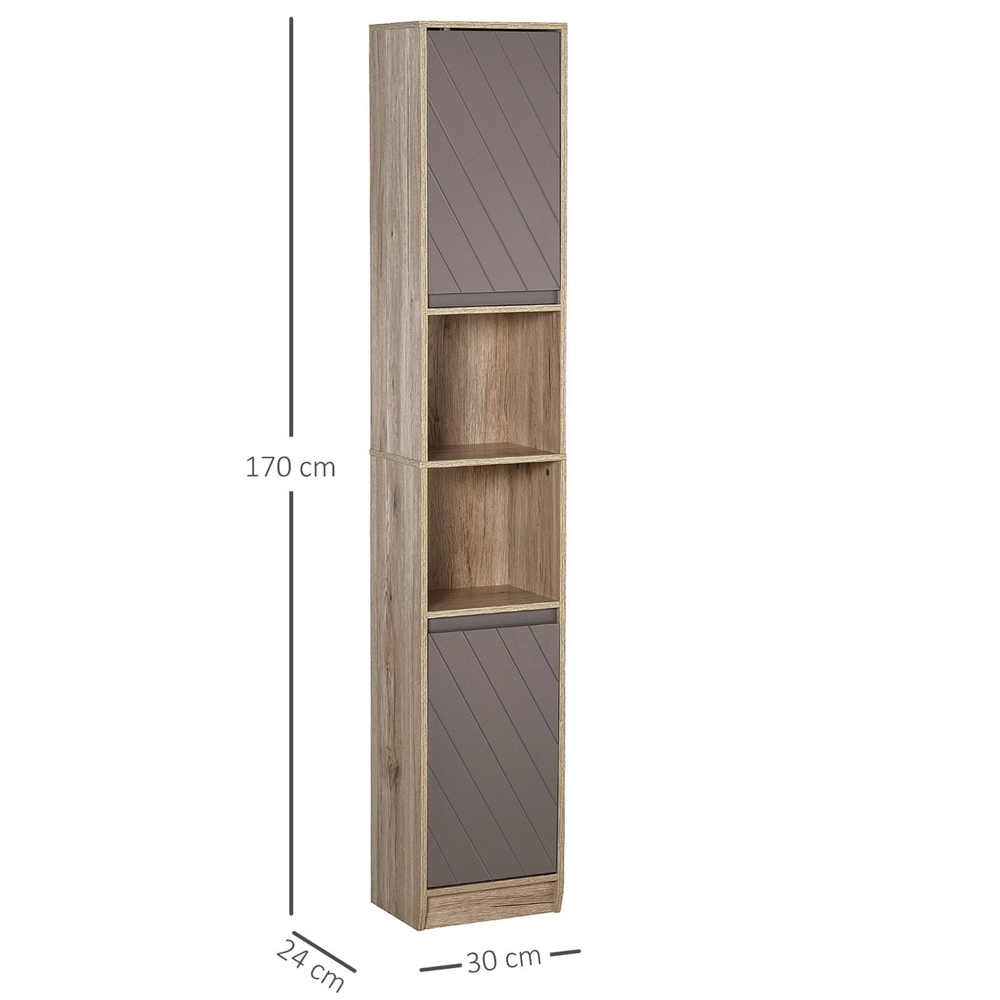 HOMCOM Narrow Bathroom Cabinet, Slim Bathroom Storage Unit with Open Compartment, Freestanding Storage Cupboard with Adjustable Shelves for Small Spaces, 30 x 24 x 170 cm, Grey and Oak