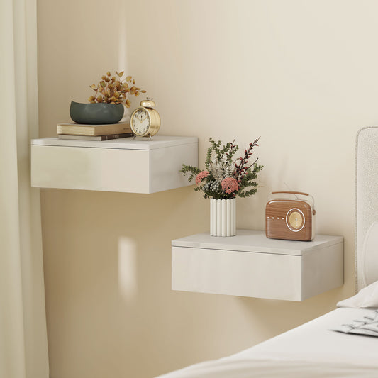 HOMCOM Floating Bedside Table Set of 2, Wall-Mounted Nightstand with High Gloss Finish & Storage Drawer, White