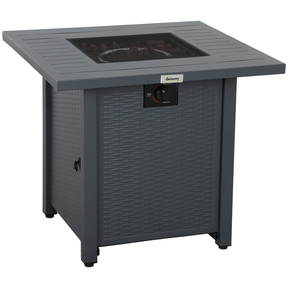 Outsunny Rattan-style Propane Gas Fire Pit Table with 40,000 BTU Burner, Square Smokeless Firepit Patio Heater with Thermocouple, Lava Rocks, Waterproof Cover, Spark Guard and Lid, Grey