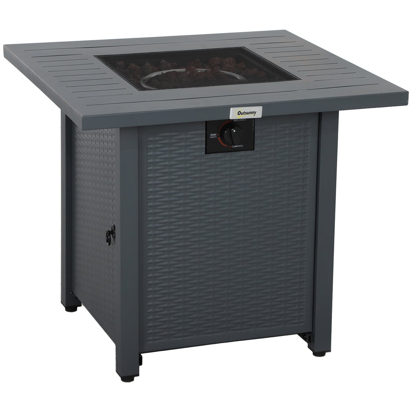 Outsunny Rattan-style Propane Gas Fire Pit Table with 40,000 BTU Burner, Square Smokeless Firepit Patio Heater with Thermocouple, Lava Rocks, Waterproof Cover, Spark Guard and Lid, Grey