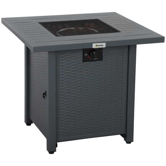 Outsunny Rattan-style Propane Gas Fire Pit Table with 40,000 BTU Burner, Square Smokeless Firepit Patio Heater with Thermocouple, Lava Rocks, Waterproof Cover, Spark Guard and Lid, Grey