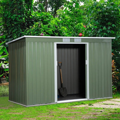 Outsunny 9ft x 4ft Corrugated Garden Metal Storage Shed Outdoor Equipment Tool Box with Kit Ventilation & Doors Light Green