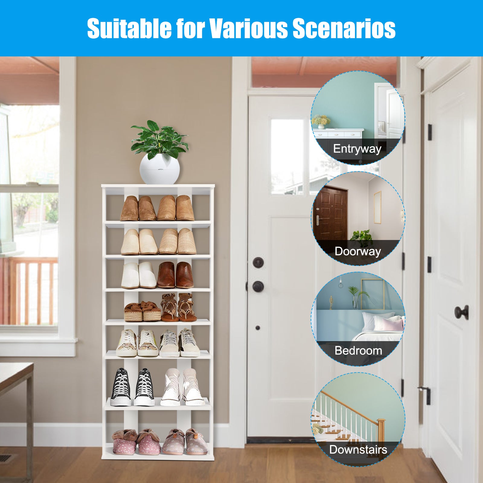 Extra Wide Wooden Vertical Shoe Rack with 7 Shelves-White