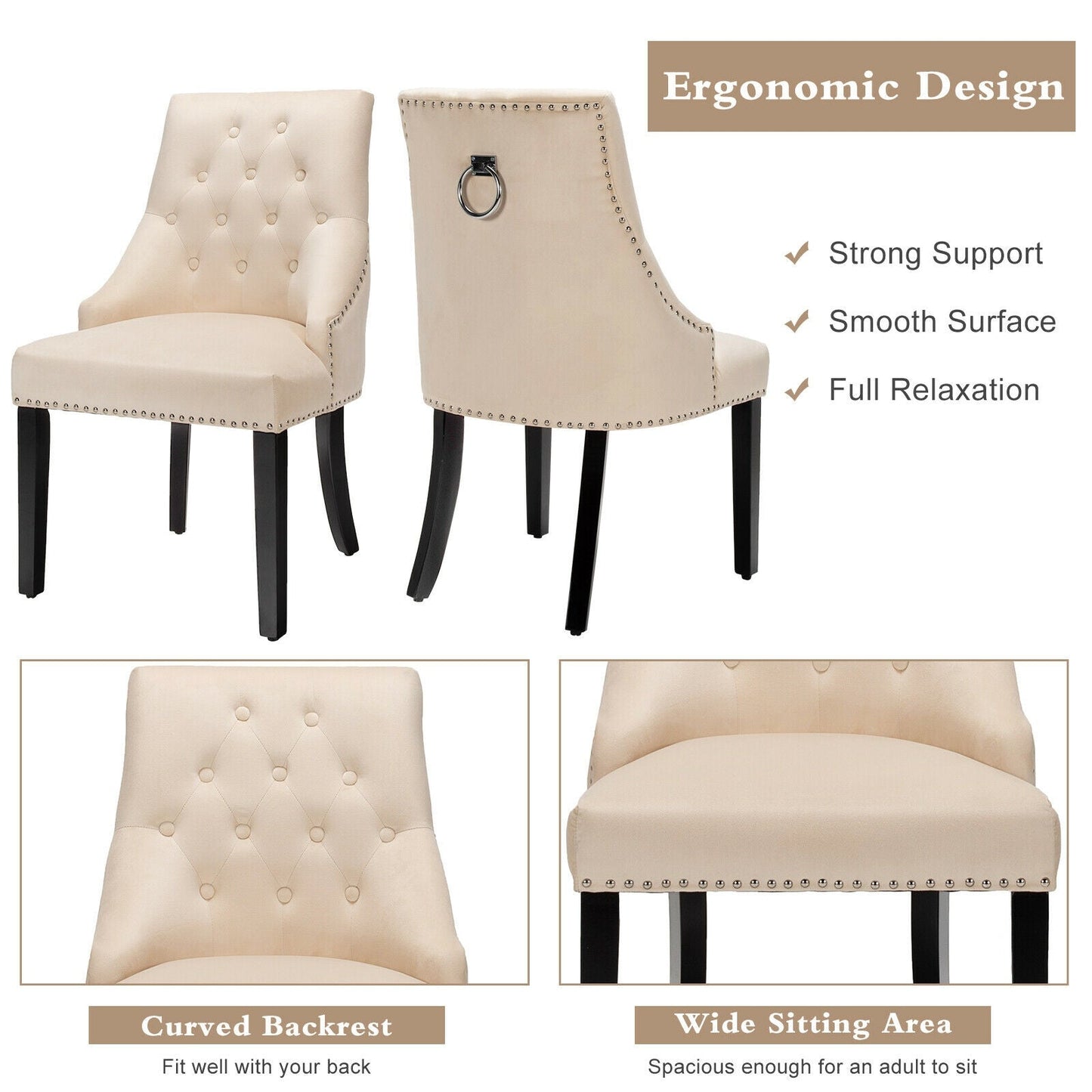 Modern Upholstered Button-Tufted Dining Chair with Naild Trim-Beige