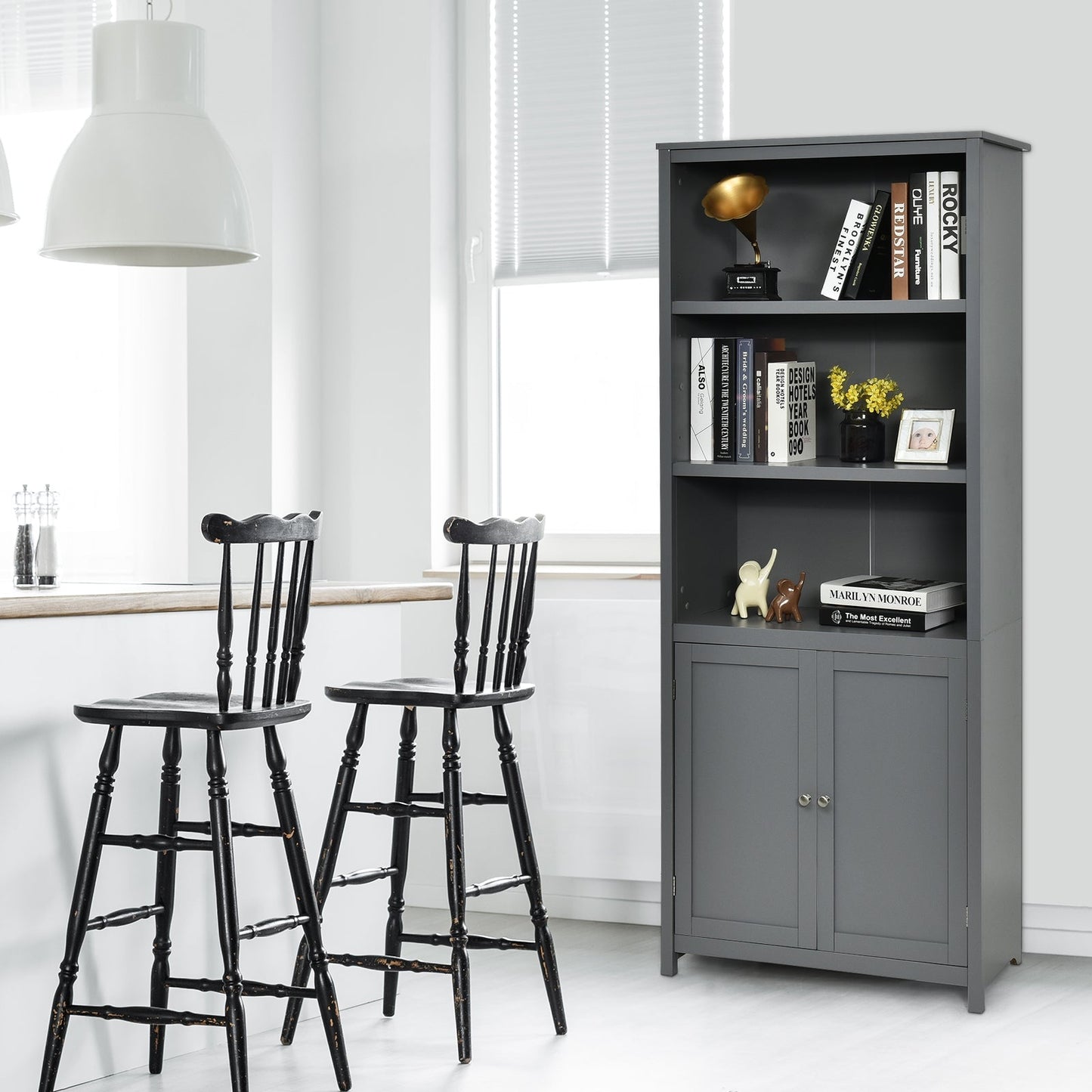 3-Shelf Bookcase with Double Doors & Adjustable Shelves & Cabinet-Grey
