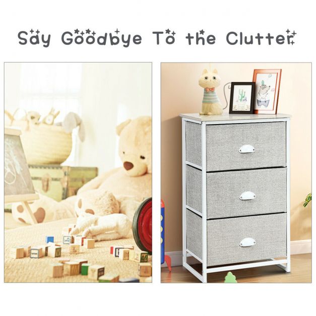 Nightstand Side Table Storage Tower Dresser Chest with 3 Drawers-Gray