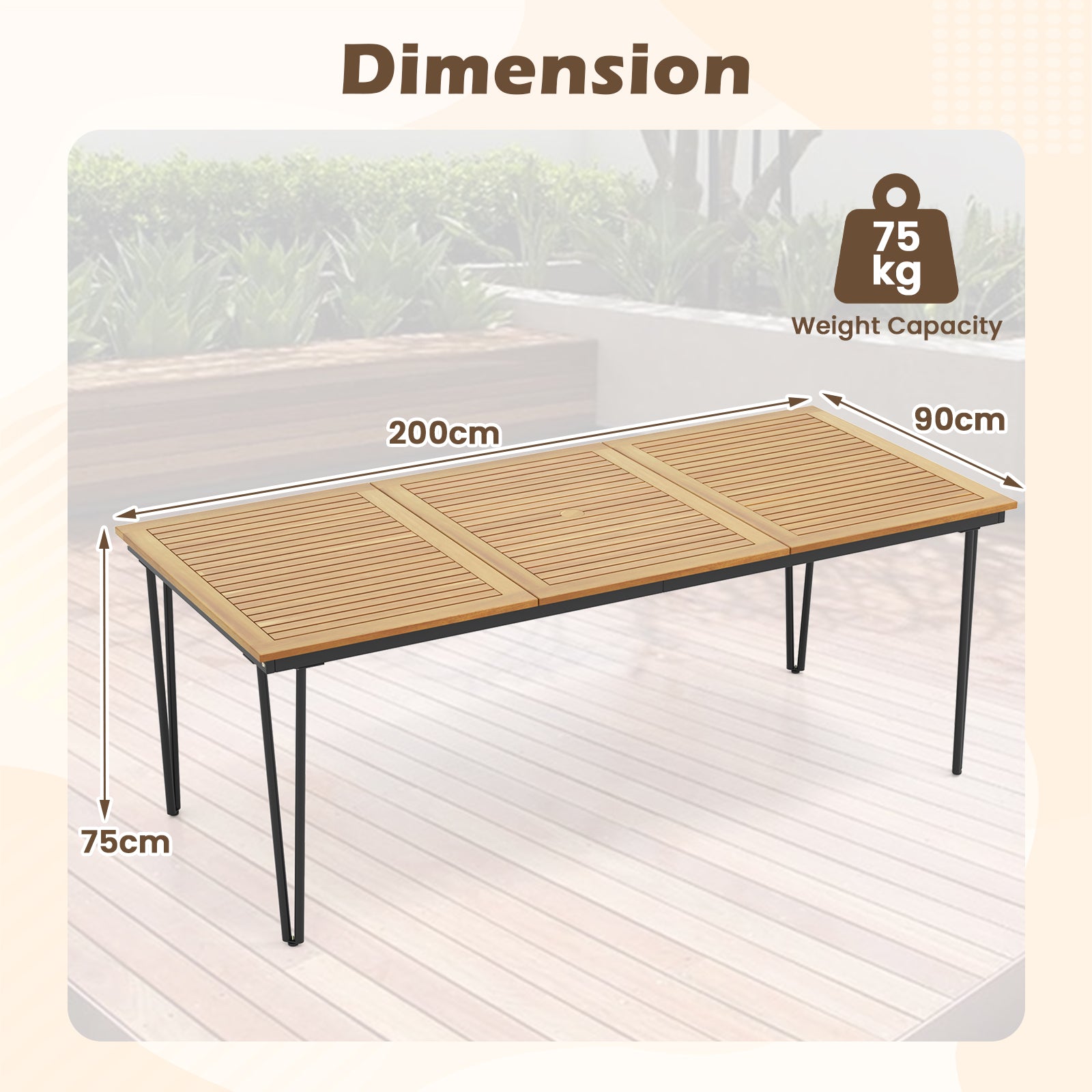 200 x 90cm Outdoor Dining Table with Metal Legs for Garden  Poolside