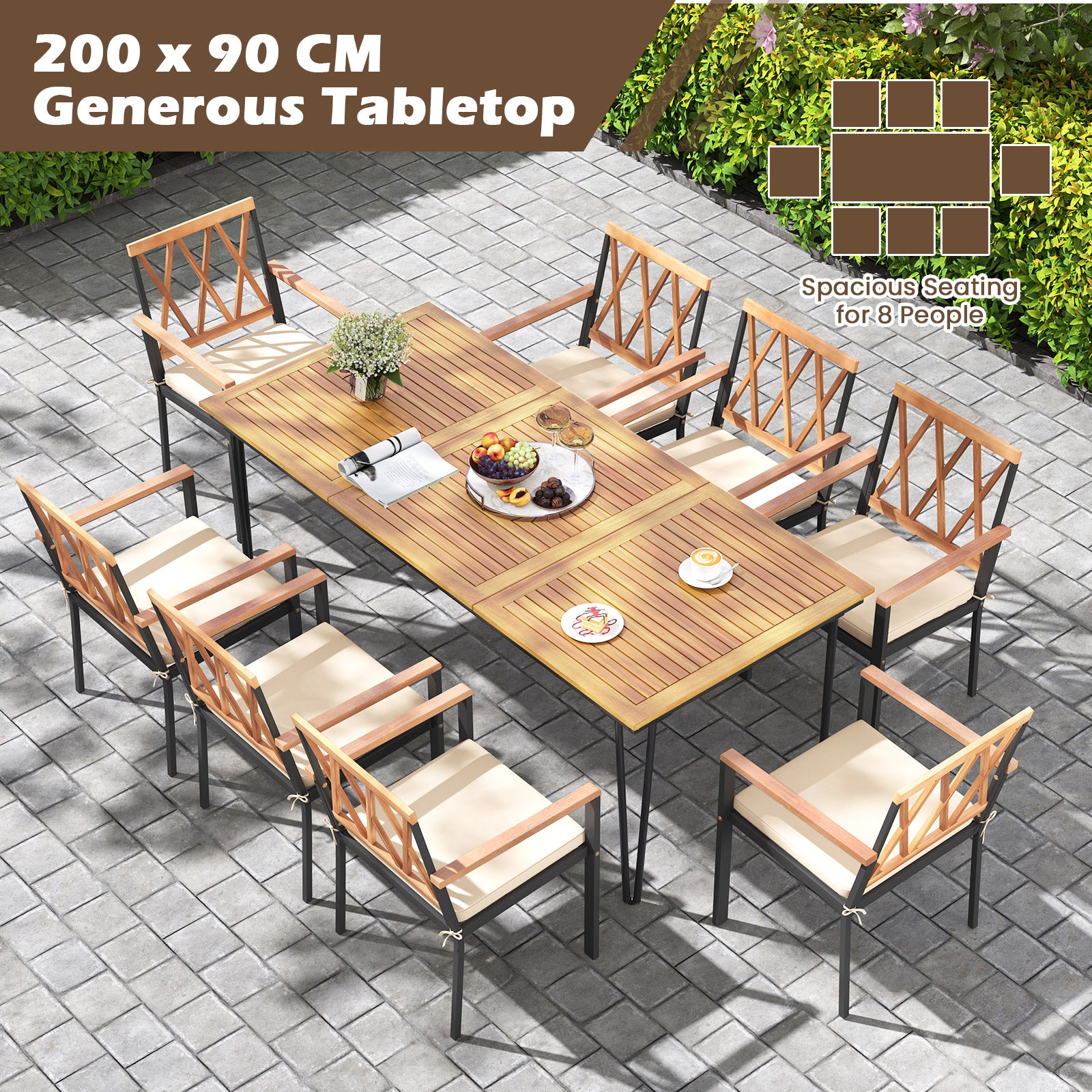 200 x 90cm Outdoor Dining Table with Metal Legs for Garden  Poolside