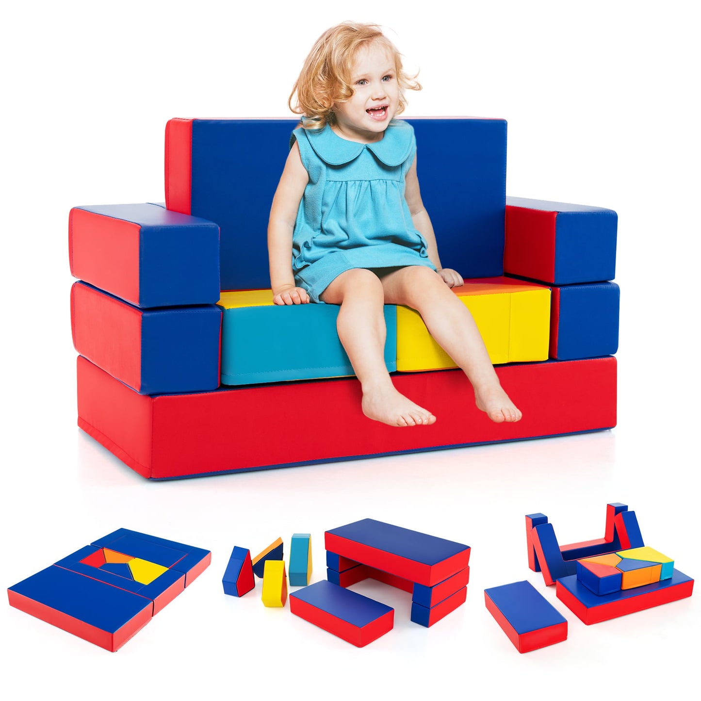 4-in-1 Convertible Foam Couch Play Set with Skin-friendly PU Leather Cover and Zippers-Multicolor