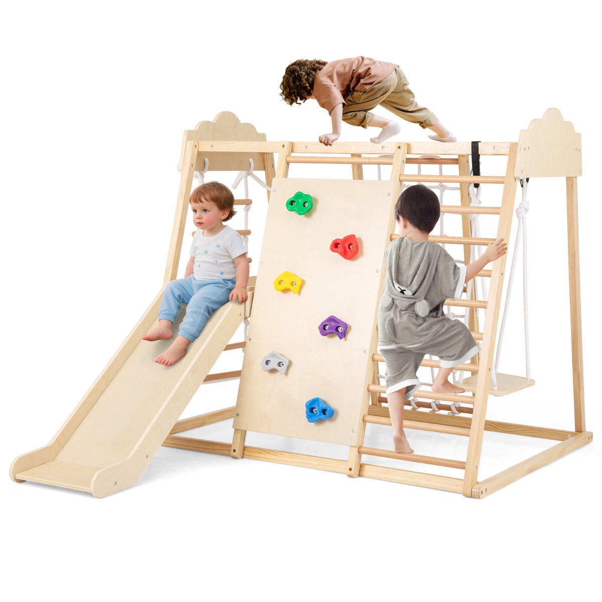8-in-1 Indoor Jungle Gym for Kids Wooden Montessori Climbing Toys-Natural