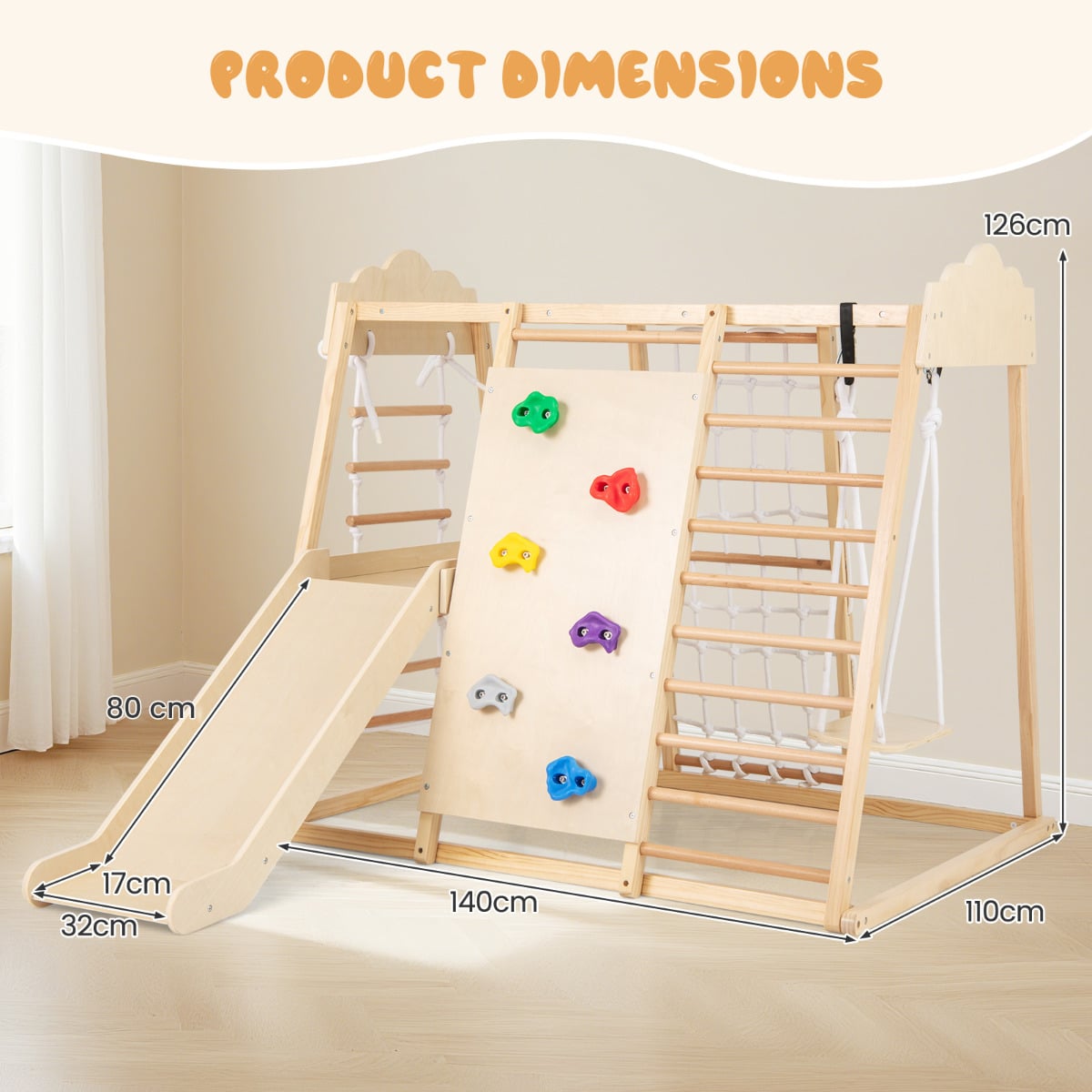 8-in-1 Indoor Jungle Gym for Kids Wooden Montessori Climbing Toys-Natural