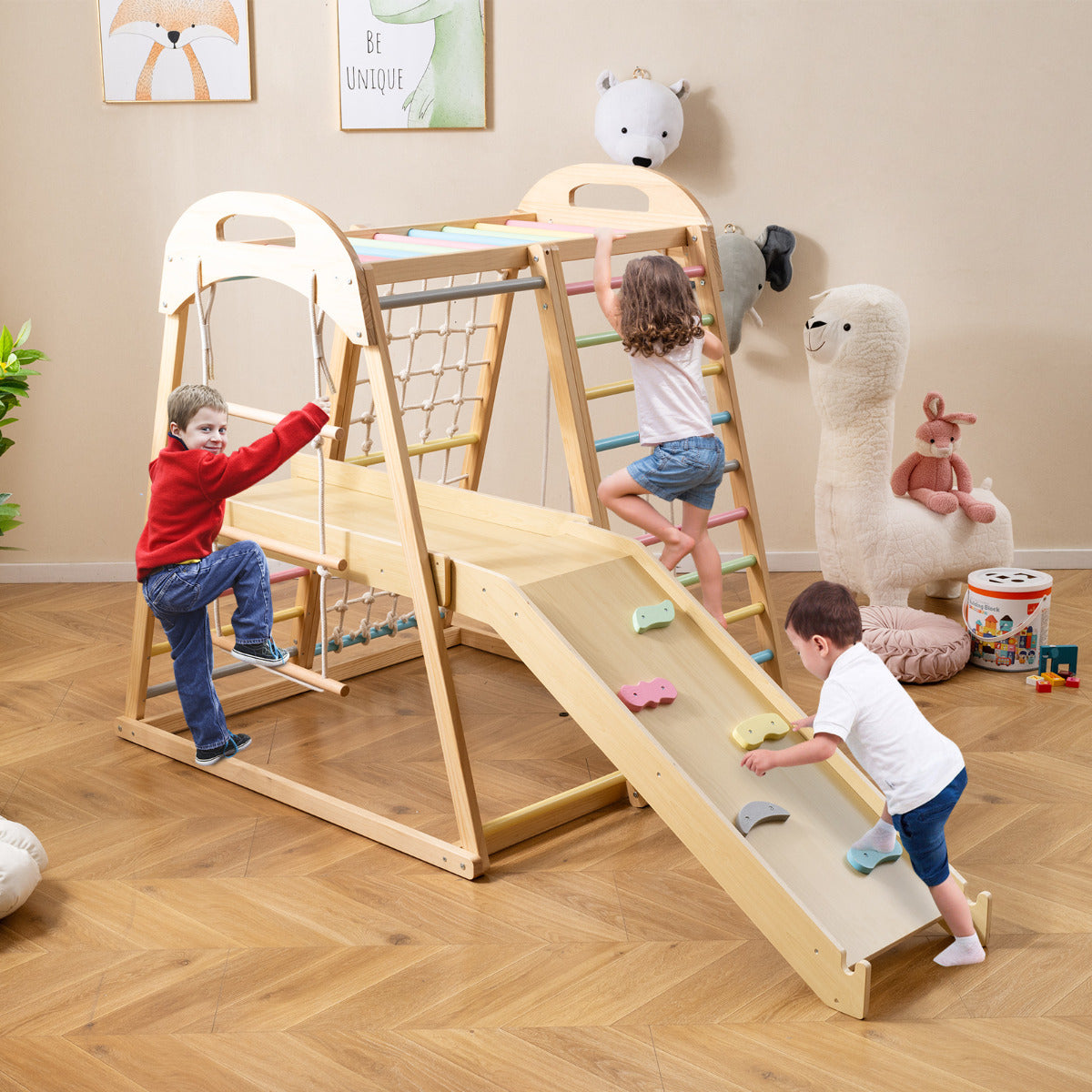 8-in-1 Jungle Gym Wooden Montessori Climber Playset -Multicolor