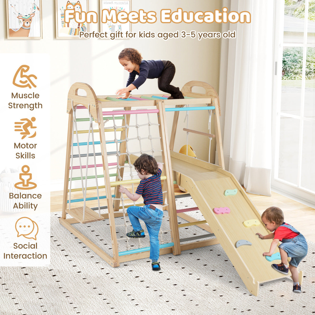 8-in-1 Jungle Gym Wooden Montessori Climber Playset -Multicolor