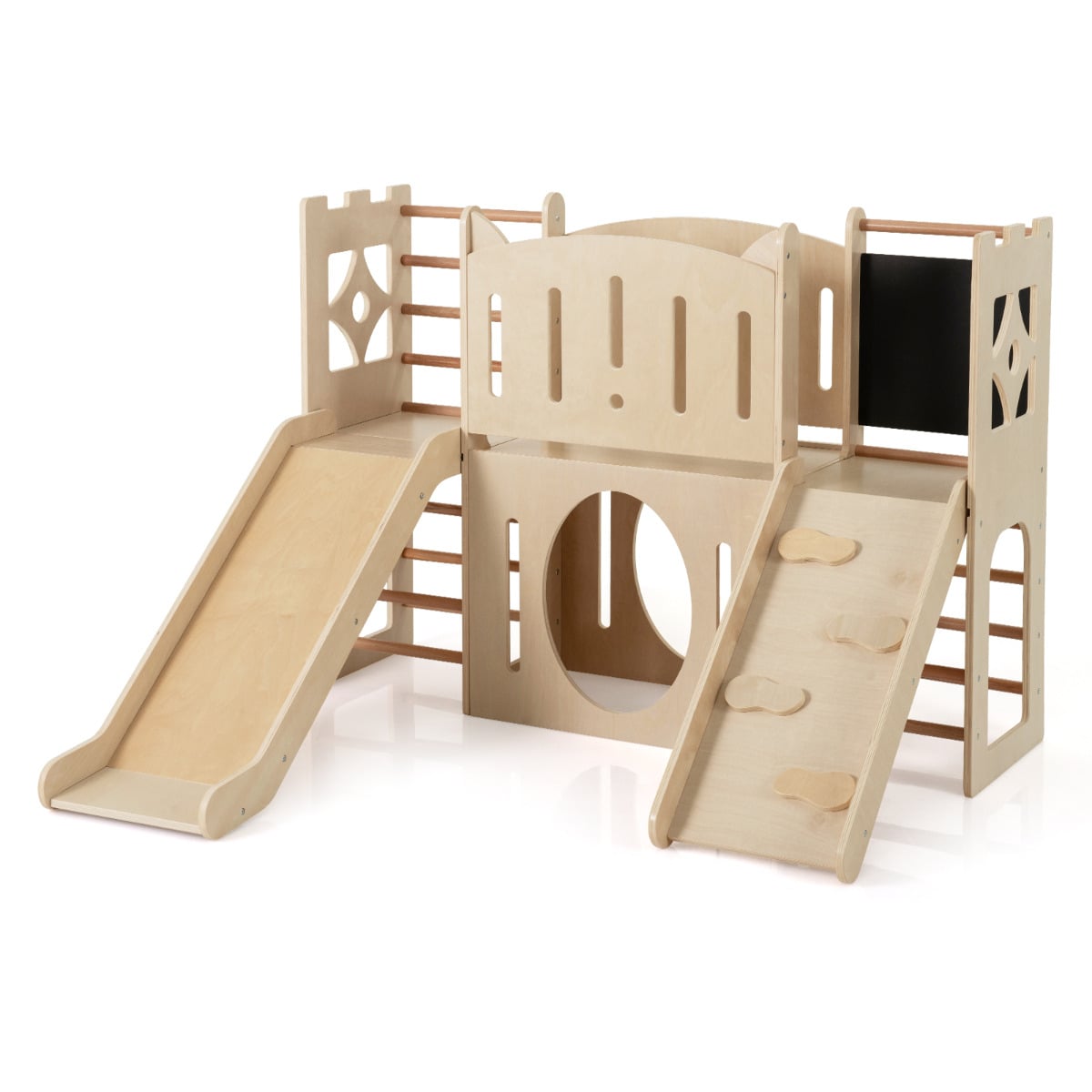 8-in-1 Toddler Slide with Ladders and Toy Storage-Natural