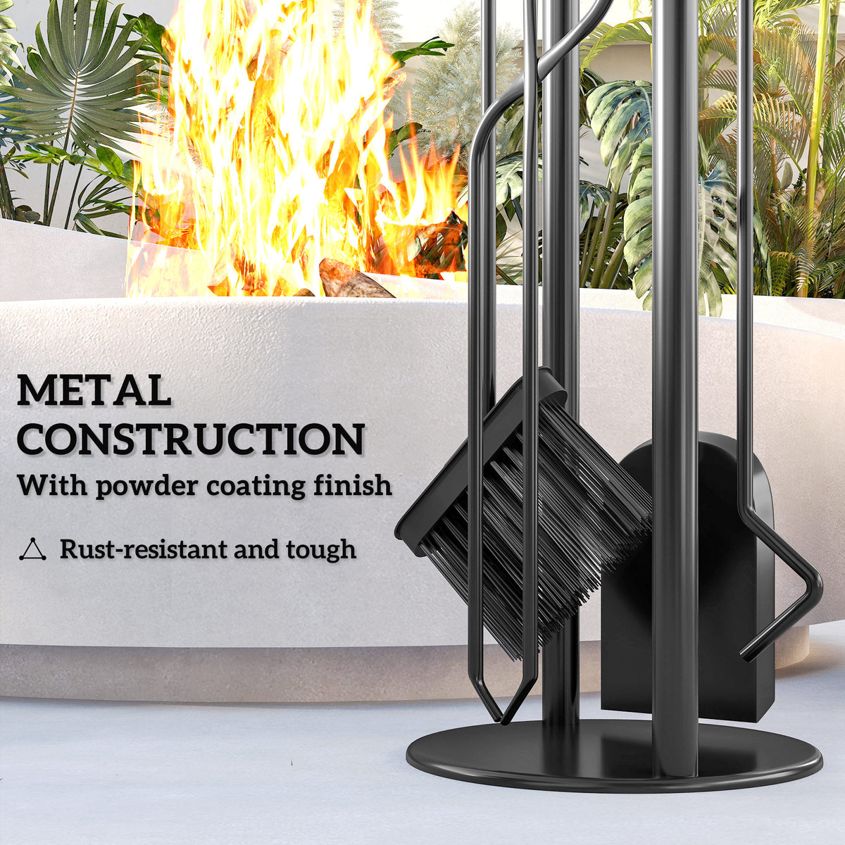 Outsunny 5 Pieces Fireplace Tools Set, Metal Fireplace Accessories Fireside Companion Set with Broom, Shovel, Poker and Bucket, Silver