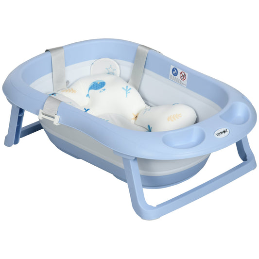 ZONEKIZ Foldable Baby Bathtub, with Non-Slip Support Legs, Cushion Pad, Shower Holder - Blue