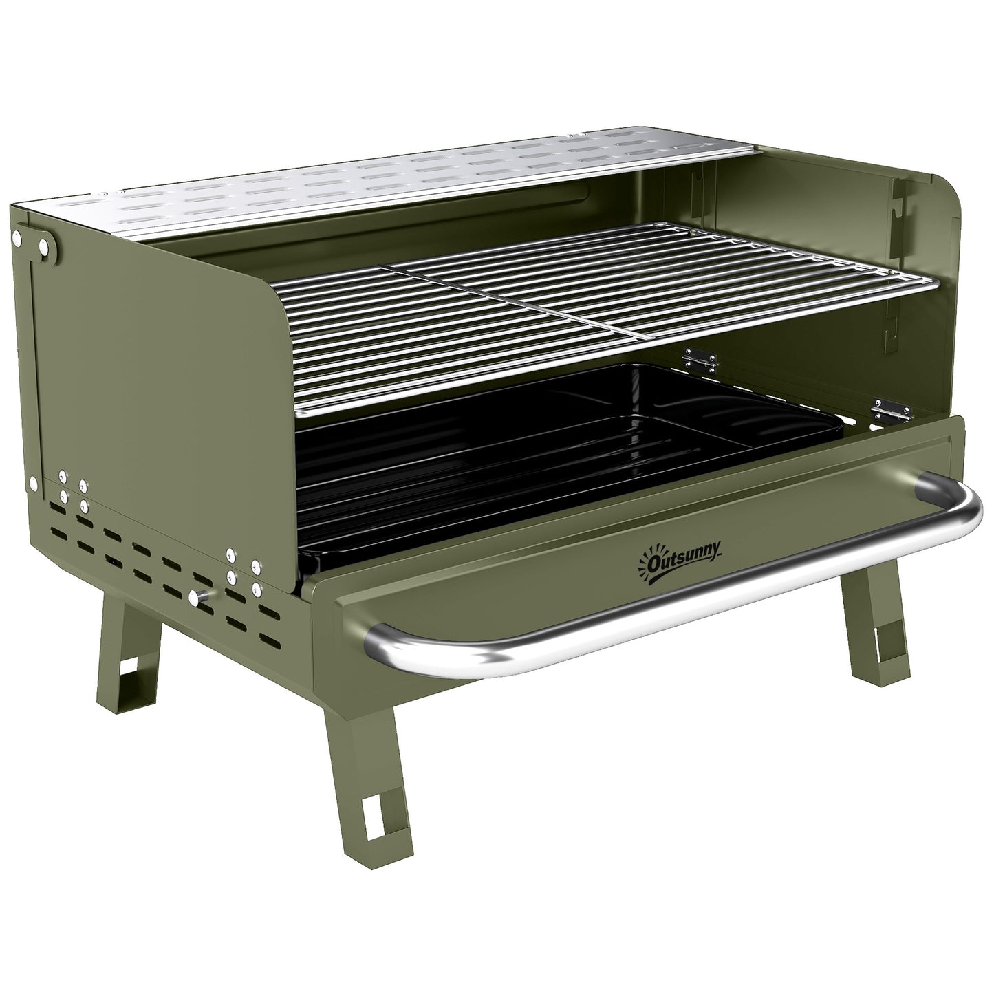 Outsunny Portable BBQ Grill, Charcoal Barbecue Grill with Adjustable Grates, Foldable Legs, Side Shelf for Camping Travel, Green
