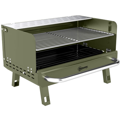 Outsunny Portable BBQ Grill, Charcoal Barbecue Grill with Adjustable Grates, Foldable Legs, Side Shelf for Camping Travel, Green