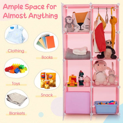 8-cube Baby Closet Organizer with Doors and Hanging Section-Pink