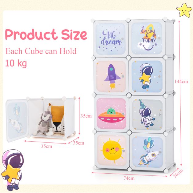 8-cube Baby Closet Organizer with Doors and Hanging Section-White