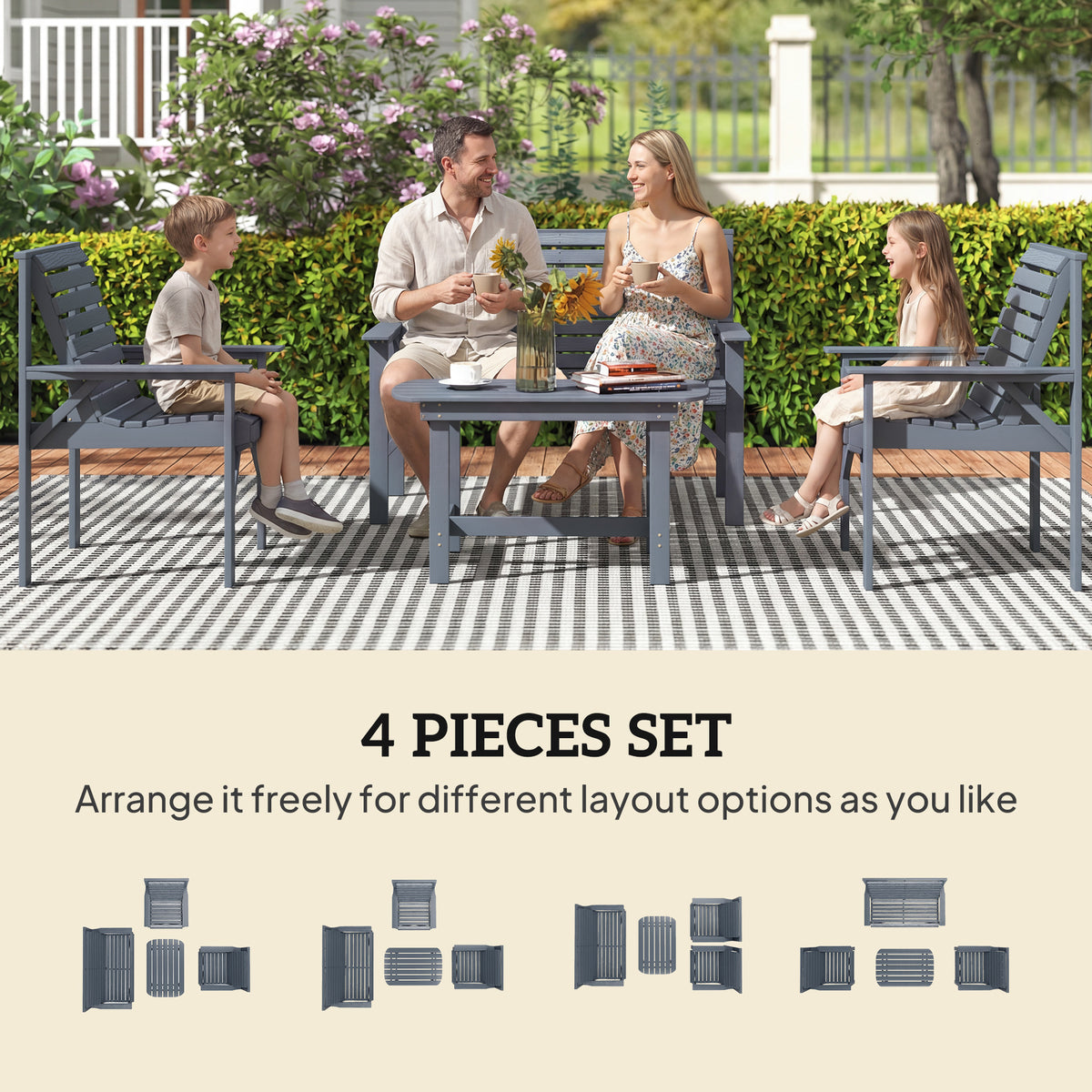 Outsunny 4 Piece Wooden Garden Furniture Set, Outdoor Garden Sofa Set with 2 Armchairs, Loveseat and Coffee Table, Grey