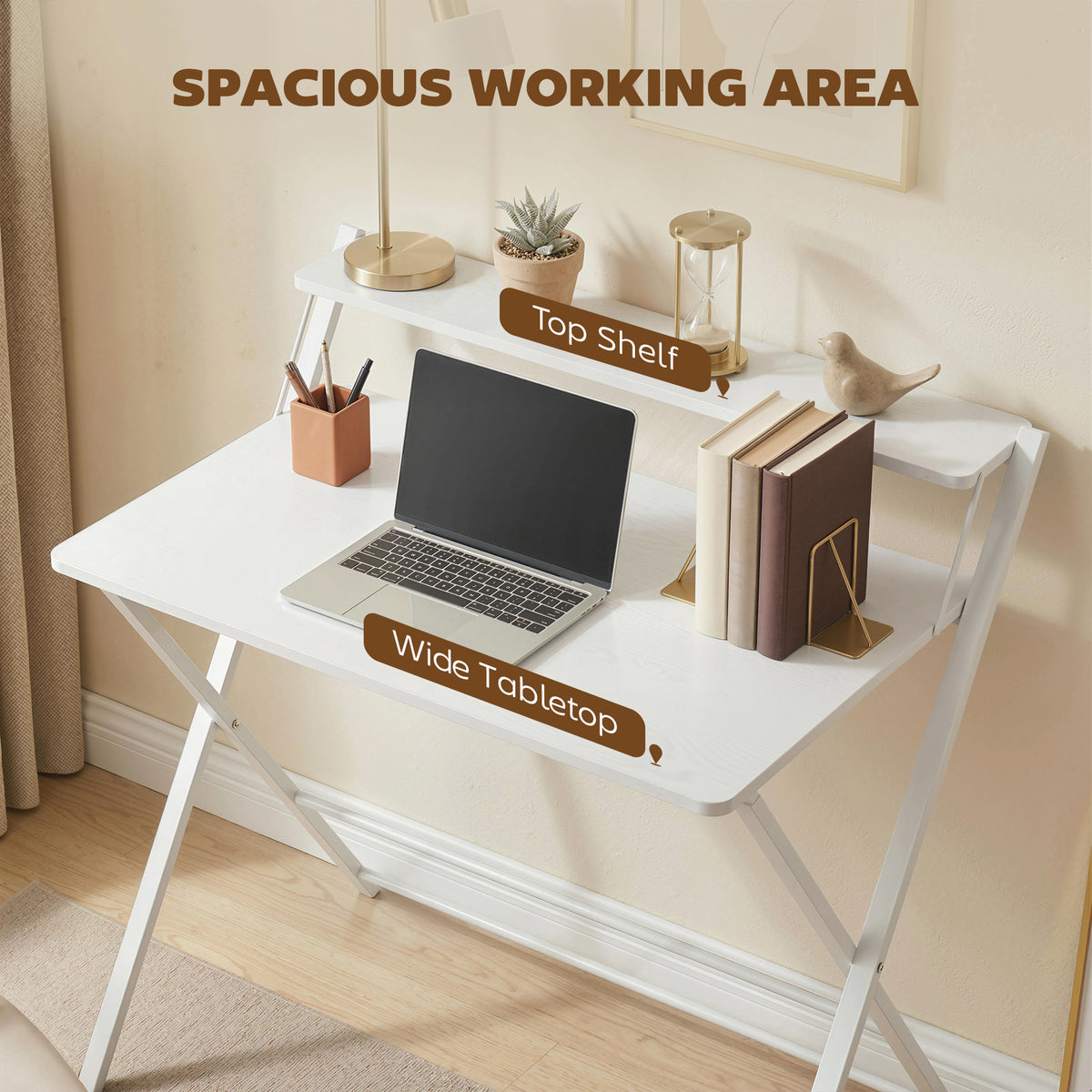 HOMCOM Compact Folding Desk for Small Spaces with Storage Shelf for Home Office, White