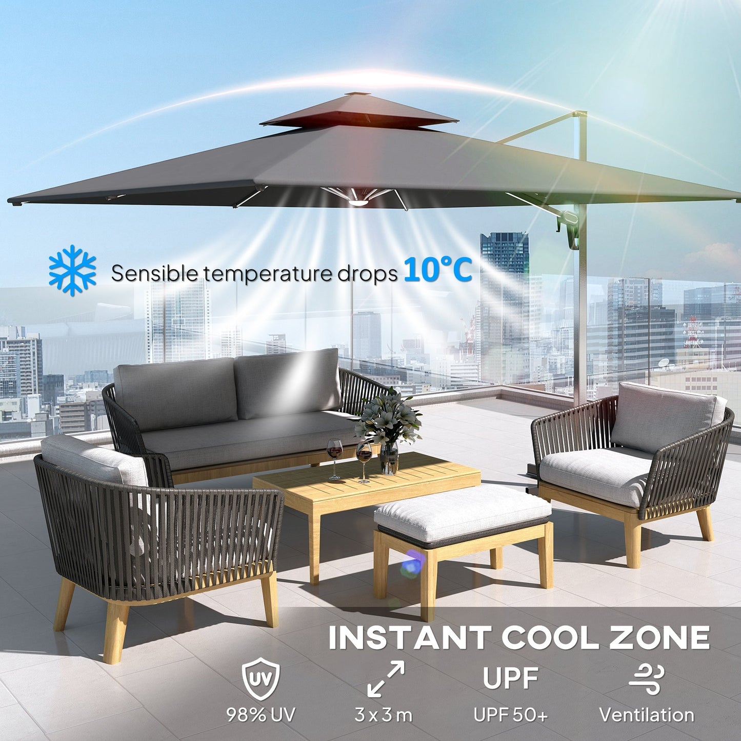Outsunny 3(m) Garden Cantilever Parasol with Solar LED Lights, Cross Base, 360 degrees Rotation, Crank Handle and Tilt, Grey