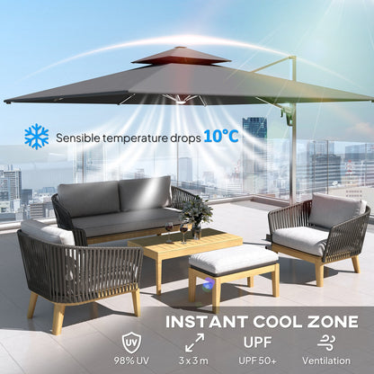 Outsunny 3(m) Garden Cantilever Parasol with Solar LED Lights, Cross Base, 360 degrees Rotation, Crank Handle and Tilt, Grey