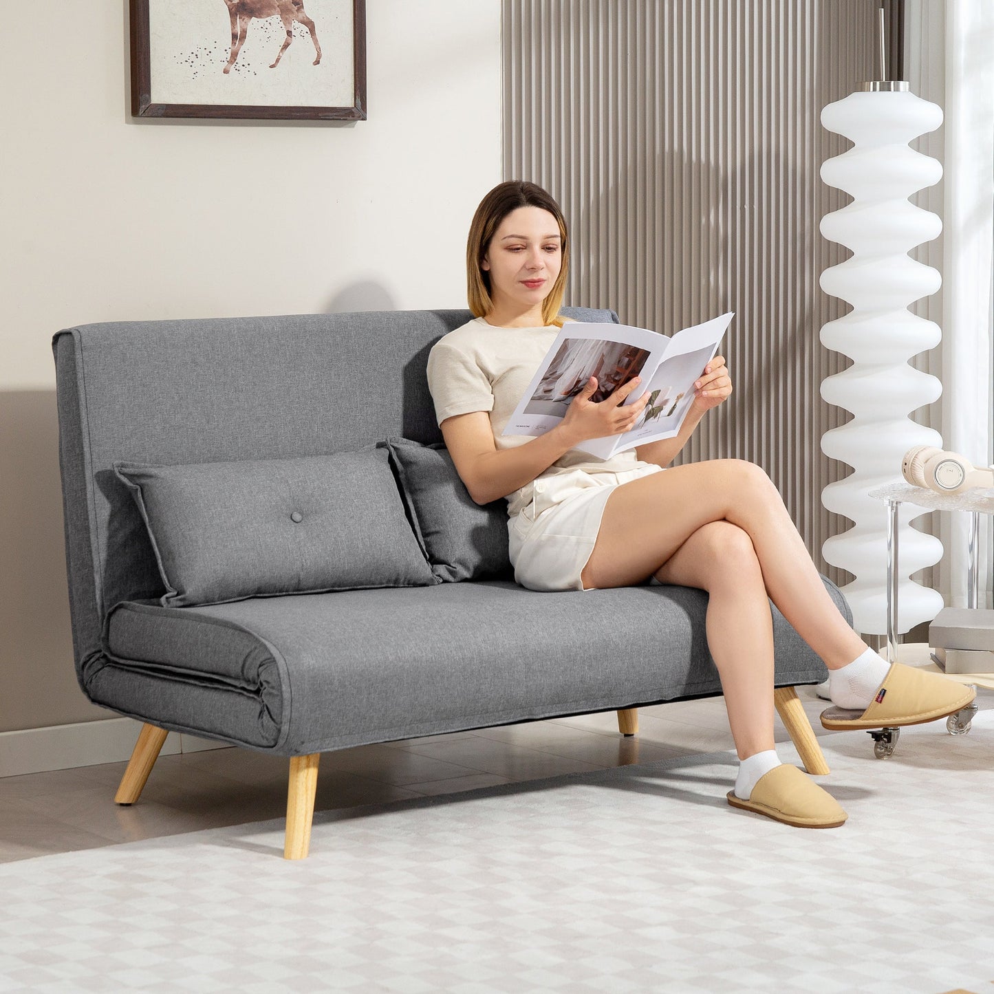 HOMCOM Two-Seater Linen-Look Sofa Bed - Grey