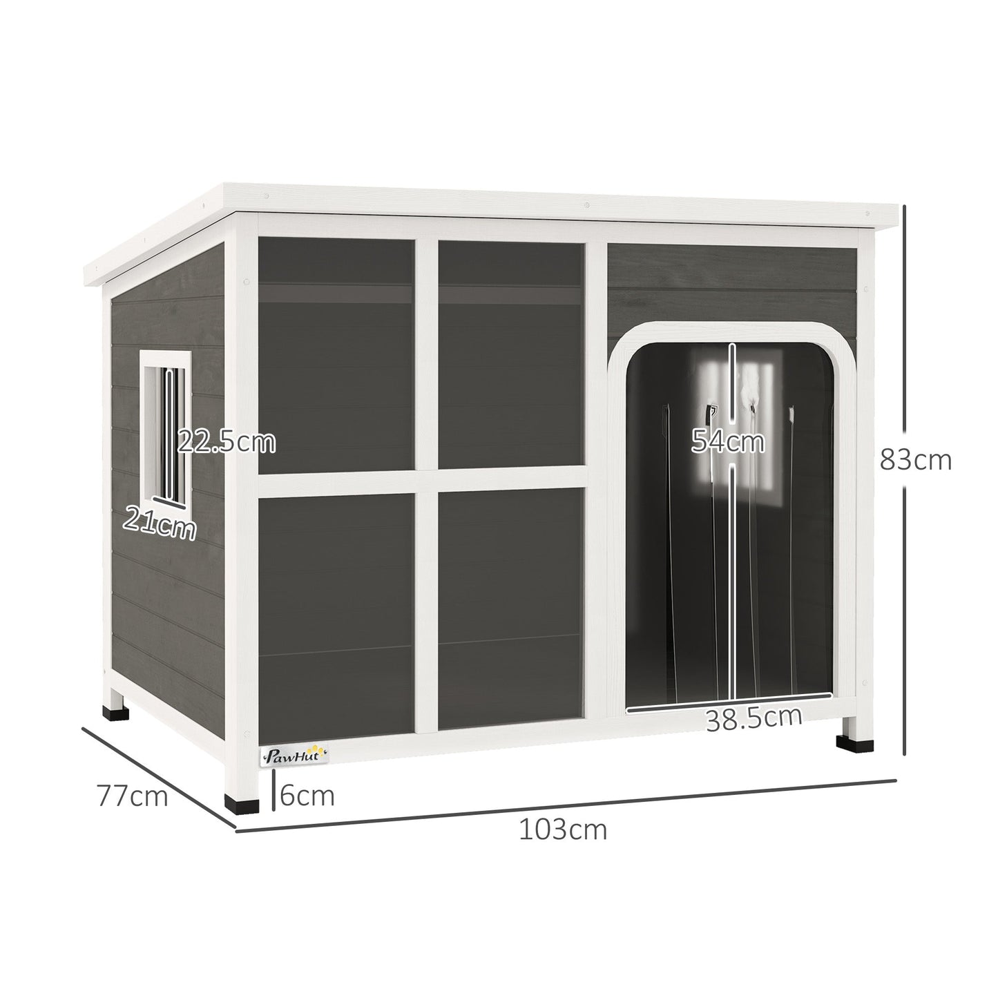 PawHut Wooden Outdoor Dog House, with Asphalt Openable Top, Removable Floor, Clear Front Panel, Curtain, 103 x 77 x 83cm