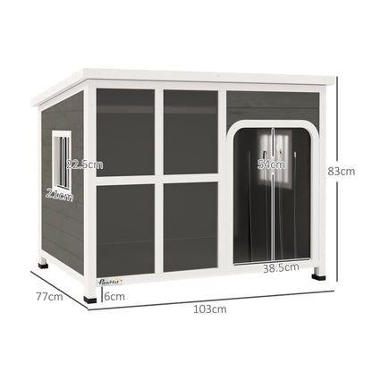 PawHut Wooden Outdoor Dog House, with Asphalt Openable Top, Removable Floor, Clear Front Panel, Curtain, 103 x 77 x 83cm